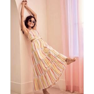 Aerie Striped Halter Maxi Dress Cutout Sides Smocked Back Tiered Summer Boho M